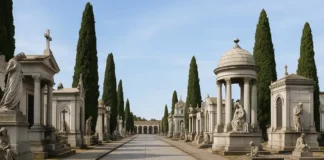 Монументальное кладбище Турина: тайны, легенды и известные захоронения Монументальное кладбище Турина - мраморные памятники и длинные галереи под открытым небом Широкий вид на аллею монументального кладбища Турина с мраморными скульптурами, колоннадами и зелёными деревьями в ясный день