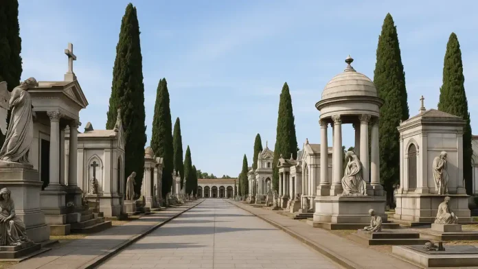 Монументальное кладбище Турина - мраморные памятники и длинные галереи под открытым небом Широкий вид на аллею монументального кладбища Турина с мраморными скульптурами, колоннадами и зелёными деревьями в ясный день