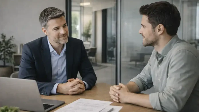 Как найти работу в Италии в 2026 году - трудоустройство и вакансии Деловая сцена в Италии: соискатель и рекрутер обсуждают резюме и вакансии, современный офис