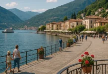 Самые красивые озёра Северной Италии – Комо, Гарда, Маджоре Самые красивые озёра Северной Италии – вид на озеро между горами Фотореалистичный вид на озеро Северной Италии, на переднем плане маленький городок у воды, на заднем плане