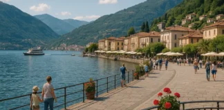 Самые красивые озёра Северной Италии – Комо, Гарда, Маджоре Самые красивые озёра Северной Италии – вид на озеро между горами Фотореалистичный вид на озеро Северной Италии, на переднем плане маленький городок у воды, на заднем плане