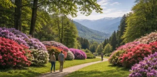 Parco Burcina (заповедник «Феличе Пьяченца»): когда ехать, что смотреть и как попасть Parco Burcina Felice Piacenza в Пьемонте, цветение рододендронов Панорамный вид на лужайки и цветущие кусты рододендронов в Parco Burcina, мягкий весенний свет