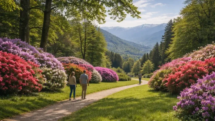 parco-burcina-pollone-biella Parco Burcina Felice Piacenza в Пьемонте, цветение рододендронов Панорамный вид на лужайки и цветущие кусты рододендронов в Parco Burcina, мягкий весенний свет