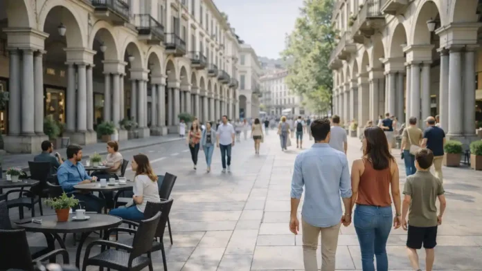 Пешеходные улицы Турина - прогулка по центру без машин, аркады и площади Центральная прогулочная улица Турина с аркадами, людьми и уютными террасами, атмосфера «город для пеших»