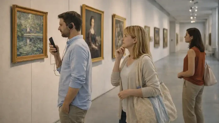 Пинакотека семьи Аньелли в Турине внутри музея Современный зал Пинакотеки Аньелли в Турине, посетители рассматривают картины в спокойной атмосфере, дневной свет, аккуратный интерьер