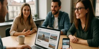 Как поддержать проект «News Events Turin Новости Италии» и стать частью редакции Поддержка проекта Новости и события Турин - читатели и журналисты за ноутбуком современного рабочего стола редакции в Турине, на столе ноутбук с открытым сайтом NewsEventsTurin, рядом чашка кофе, блокнот и телефон с открытым телеграм каналом, вокруг сидят несколько людей европейской внешности, обсуждают новости и статьи