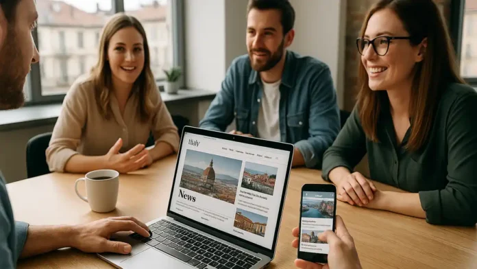 podderzhat-proekt-news-events-turin Поддержка проекта Новости и события Турин - читатели и журналисты за ноутбуком современного рабочего стола редакции в Турине, на столе ноутбук с открытым сайтом NewsEventsTurin, рядом чашка кофе, блокнот и телефон с открытым телеграм каналом, вокруг сидят несколько людей европейской внешности, обсуждают новости и статьи
