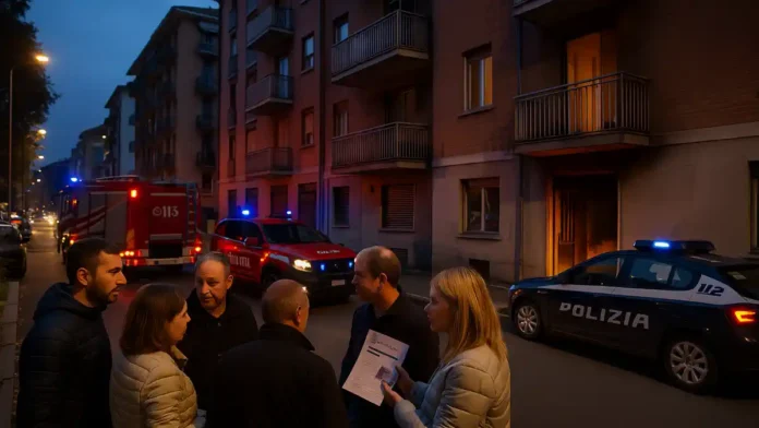 podzhog-turin-noche-hronica Пожарные и полицейские у подъезда после ночного поджога в Турине Ночной поджог в жилом квартале Турина – пожарные машины и полицейский кордон возле закопчённого подъезда.