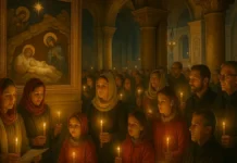 Православное Рождество в Италии: как празднуют в Италии и в Турине Православная рождественская служба в Италии: люди со свечами стоят в тёмном храме, в центре икона Рождества, на заднем плане видны элементы итальянской архитектуры.