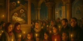 Православное Рождество в Италии: как празднуют в Италии и в Турине Православная рождественская служба в Италии: люди со свечами стоят в тёмном храме, в центре икона Рождества, на заднем плане видны элементы итальянской архитектуры.