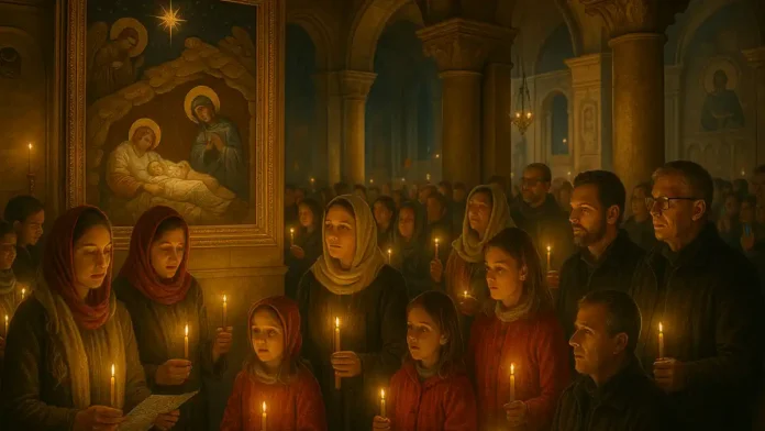Православная рождественская служба в Италии: люди со свечами стоят в тёмном храме, в центре икона Рождества, на заднем плане видны элементы итальянской архитектуры.