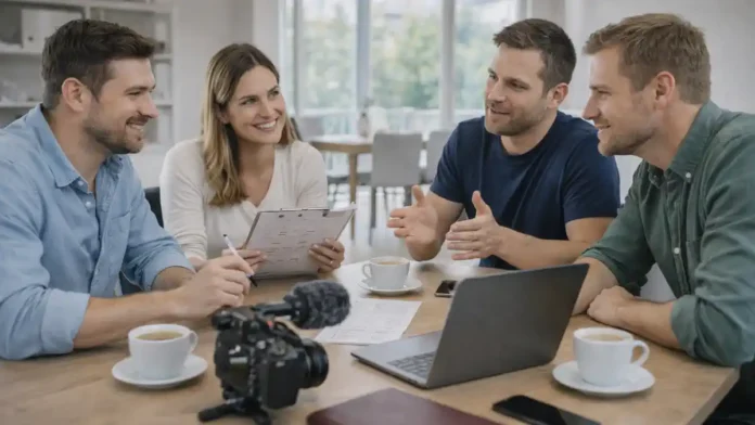 Продвижение мероприятия в Турине - команда готовит анонс и видеоролик Современная команда в Турине планирует продвижение события: ноутбук, камера, чек-лист, спокойная деловая атмосфера, без текста на экран