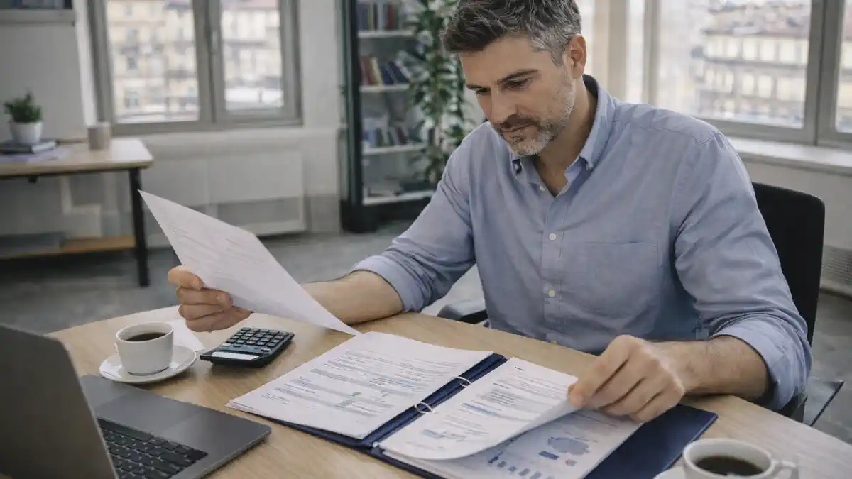 Проверки и риски бизнеса в Италии Предприниматель анализирует документы и уведомления о проверке в офисе, спокойная деловая атмосфера