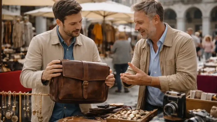 sekond-hend-rynki-italii-mercatino-usato Секонд-хенд рынок в Италии: mercatino dell’usato и винтажные находки Живая сцена итальянского рынка подержанных вещей, люди выбирают винтаж и антиквариат, атмосфера утренней охоты за находками