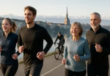 Спорт в Италии и Турине — футбол, горные лыжи, фитнес и жизнь активных людей Спорт в Италии и Турине люди бегут и едут на велосипедах на фоне города и гор Фотореалистичный вид на Турин с набережной реки По, на переднем плане бегуны и велосипедисты во спортивной одежде, на заднем плане силуэт города и заснеженные Альпы, мягкий утренний свет, чистое небо, ощущение активной и здоровой жизни в Италии.