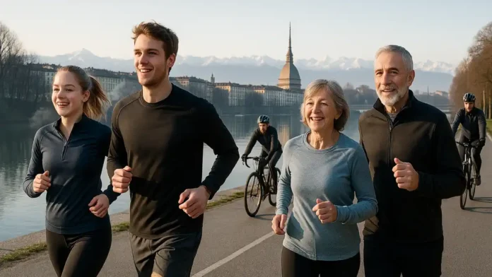 sport-italia-turin Спорт в Италии и Турине люди бегут и едут на велосипедах на фоне города и гор Фотореалистичный вид на Турин с набережной реки По, на переднем плане бегуны и велосипедисты во спортивной одежде, на заднем плане силуэт города и заснеженные Альпы, мягкий утренний свет, чистое небо, ощущение активной и здоровой жизни в Италии.