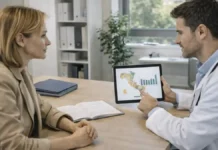 Средняя продолжительность жизни в Италии 2026: мужчины, женщины, регионы и что на неё влияет редняя продолжительность жизни в Италии - мужчины, женщины и регионы врач или консультант объясняет семье на планшете карту Италии и графики без читаемых данных; ассоциация с медициной и качеством жизни.