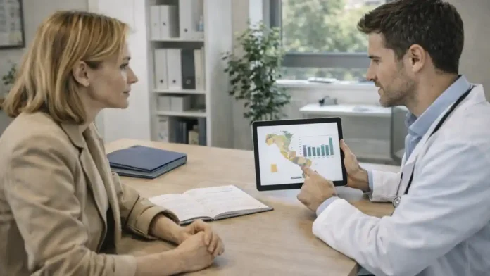 редняя продолжительность жизни в Италии - мужчины, женщины и регионы врач или консультант объясняет семье на планшете карту Италии и графики без читаемых данных; ассоциация с медициной и качеством жизни.