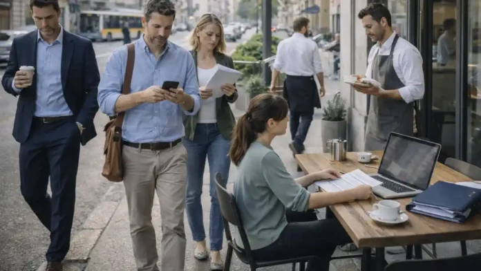 Средняя зарплата в Италии 2026 Описание: Рабочий день в Италии, сотрудники в офисе и сфере услуг, спокойная повседневная атмосфера