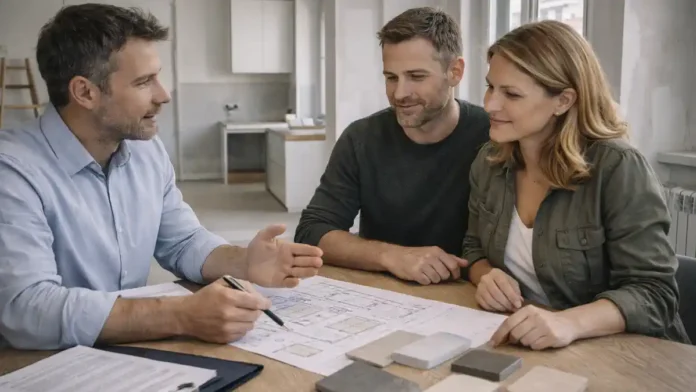 Superbonus в Италии 2026 Консультация по ремонту и бонусам в Италии, нейтральный современный интерьер, атмосфера спокойного делового обсуждения