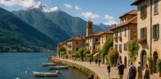 Путешествие по северу Италии: Топ-10 городов, которые стоит посетить Панорама Северной Италии - Альпы, озеро и старинный город на берегу озеро в Северной Италии, на переднем плане небольшие дома и набережная, на заднем плане горы и ясное небо.