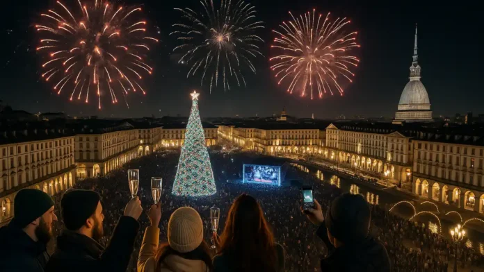 torino-capodanno-piazza-castello Новый год в Турине - огни на площади и фейерверк над рекой По Описание: Ночная панорама Турина в новогоднюю ночь: главная площадь с елкой и сценой, огни домов, фейерверк над рекой По и люди, встречающие праздник