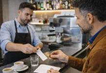 Цена кофе в Италии 2026: сколько стоит эспрессо, пачка, килограмм и капсулы, и как экономить Цена кофе в Италии 2026 - эспрессо и капучино в Турине Атмосферная сцена в Турине с бариста и гостем у стойки, без текста и брендов, акцент на кофе и чек без читаемых данных.