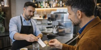 Цена кофе в Италии 2026: сколько стоит эспрессо, пачка, килограмм и капсулы, и как экономить Цена кофе в Италии 2026 - эспрессо и капучино в Турине Атмосферная сцена в Турине с бариста и гостем у стойки, без текста и брендов, акцент на кофе и чек без читаемых данных.