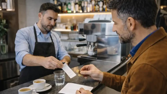 Цена кофе в Италии 2026 - эспрессо и капучино в Турине Атмосферная сцена в Турине с бариста и гостем у стойки, без текста и брендов, акцент на кофе и чек без читаемых данных.