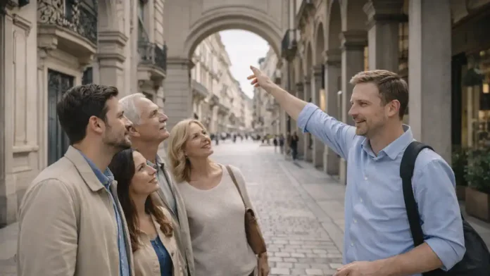 Гид показывает маршрут на карте, туристы в аркадах исторического центра Турина, дневной свет, атмосфера путешествия.