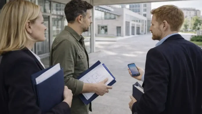 Иммиграционый офис в Турине переезд в Santo Volto кадр Турина: вход в комплекс Santo Volto и люди с папками документов, без видимых надписей и логотипов.