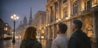 Почему Турин называют магическим и эзотерическим городом Магический Турин вечером: огни центра и мягкий туман Вечерний Турин с лёгким туманом и тёплой подсветкой исторических зданий, ощущение тайны без «ужасов», атмосферная прогулка по центру