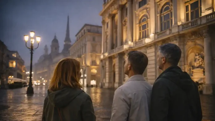 Магический Турин вечером: огни центра и мягкий туман Вечерний Турин с лёгким туманом и тёплой подсветкой исторических зданий, ощущение тайны без «ужасов», атмосферная прогулка по центру