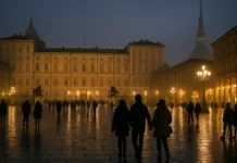 Почему Турин называют магическим и эзотерическим городом Магический Турин ночью: огни города и загадочная атмосфера вид центра Турина вечером, освещённые исторические здания и лёгкий туман, создающий мистическое настроение для статьи о магическом и эзотерическом Турине.