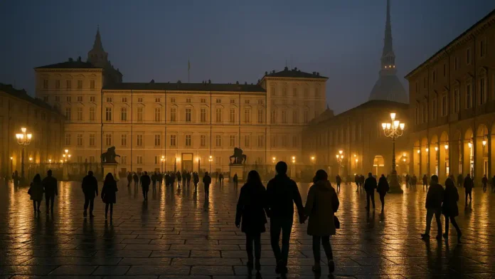 Магический Турин ночью: огни города и загадочная атмосфера вид центра Турина вечером, освещённые исторические здания и лёгкий туман, создающий мистическое настроение для статьи о магическом и эзотерическом Турине.