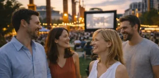 Турин в июле: фестивали, кино под открытым небом и летние маршруты по городу Турин в июле - летний вечер, фестивальная атмосфера и прогулки по паркам Летний Турин в июле: тёплый вечерний свет, люди гуляют и общаются, ощущение городского фестиваля без толпы, аккуратные летние образы, атмосферный парк или городская площадка,