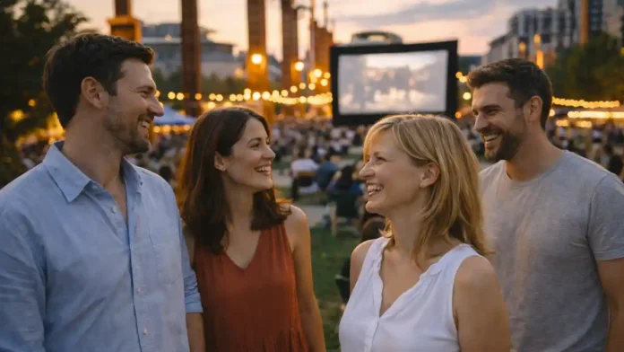 Турин в июле - летний вечер, фестивальная атмосфера и прогулки по паркам Летний Турин в июле: тёплый вечерний свет, люди гуляют и общаются, ощущение городского фестиваля без толпы, аккуратные летние образы, атмосферный парк или городская площадка,