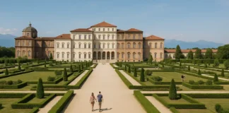Королевский дворец Венария Реале под Турином: как посетить королевскую резиденцию Савойи Королевский дворец Венария Реале под Турином и сады перед фасадом в солнечный день Широкий вид на фасад Королевского дворца Венария Реале под Турином с зелёными садами, дорожками и посетителями на переднем плане в ясный день.