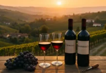 Самое лучшее итальянское вино в Пьемонте: Бароло, Барбареско и другие легенды региона Лучшие итальянские вина Пьемонта Бароло и Барбареско на фоне виноградниковизображение с бутылками Бароло и Барбареско, бокалами красного вина и холмами Пьемонта на закате.