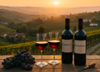 Самое лучшее итальянское вино в Пьемонте: Бароло, Барбареско и другие легенды региона Лучшие итальянские вина Пьемонта Бароло и Барбареско на фоне виноградниковизображение с бутылками Бароло и Барбареско, бокалами красного вина и холмами Пьемонта на закате.