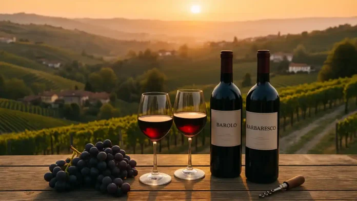 Лучшие итальянские вина Пьемонта Бароло и Барбареско на фоне виноградниковизображение с бутылками Бароло и Барбареско, бокалами красного вина и холмами Пьемонта на закате.