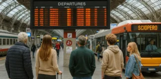 Забастовка в Италии сегодня — как проверить поезда, метро и автобусы Забастовка в Италии сегодня - пассажиры на вокзале и табло отменённых поездов Пассажиры на итальянском вокзале смотрят на табло с отменёнными рейсами в день забастовки транспорта, чемоданы, лёгкое напряжение, но без паники