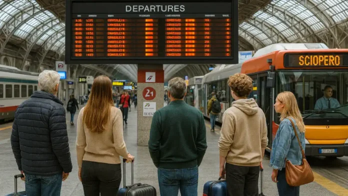 Забастовка в Италии сегодня - пассажиры на вокзале и табло отменённых поездов Пассажиры на итальянском вокзале смотрят на табло с отменёнными рейсами в день забастовки транспорта, чемоданы, лёгкое напряжение, но без паники