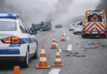 Налет на машину инкассаторов в Италии на A14 у Ортоны: шипы на дороге, дым и поджоги Абруццо A14 Ортона нападение на инкассаторов Утро на трассе в Италии: дорожные огни, полицейские машины на безопасной дистанции, дым вдали, дорожная обстановка