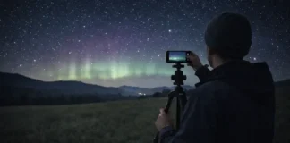 Солнечная буря и северное сияние в Италии: как работает магнитная буря и чем она опасна Северное сияние в Северной Италии: ночное небо над Пьемонтом во время солнечной бури Ночное небо над холмами Пьемонта с мягким сиянием на северном горизонте, силуэты деревьев и дальних гор