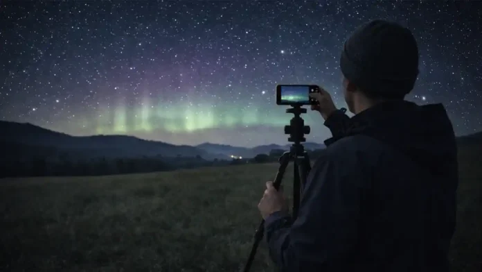 Северное сияние в Северной Италии: ночное небо над Пьемонтом во время солнечной бури Ночное небо над холмами Пьемонта с мягким сиянием на северном горизонте, силуэты деревьев и дальних гор