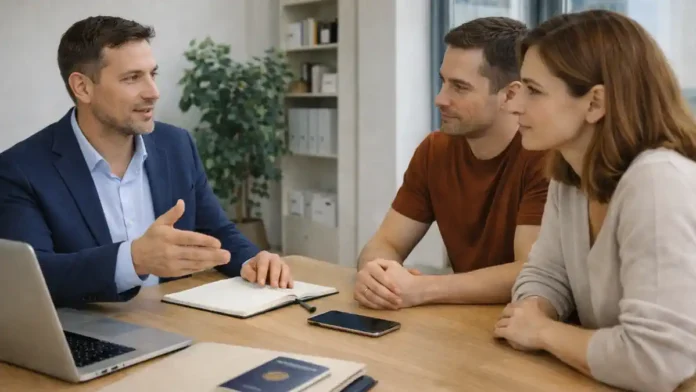 Codice Fiscale в Турине - оформление налогового кода в Италии Сцена сопровождения в Турине для получения налогового кода: спокойный офис, документы без читаемых данных, нейтральная деловая атмосфера.