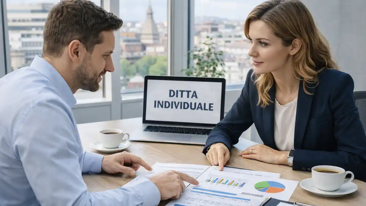 Ditta individuale в Италии: предприниматель и коммерчиалист обсуждают налоги и ответственность Современный офис в Италии, предприниматель 30-45 и коммерчиалист 30-45 обсуждают старт ИП и личную ответственность