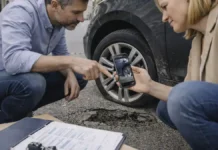 Дорожные ямы в Италии: как получить компенсацию за ущерб и куда жаловаться Дорожные ямы в Италии - водитель фиксирует повреждение колеса для компенсации Сцена на улице итальянского города после наезда на яму: водитель и спутница фотографируют дефект дороги и поврежденное колесо, без текста и логотипов, дневной свет