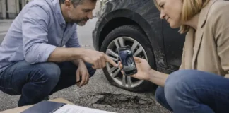 Дорожные ямы в Италии: как получить компенсацию за ущерб и куда жаловаться Дорожные ямы в Италии - водитель фиксирует повреждение колеса для компенсации Сцена на улице итальянского города после наезда на яму: водитель и спутница фотографируют дефект дороги и поврежденное колесо, без текста и логотипов, дневной свет